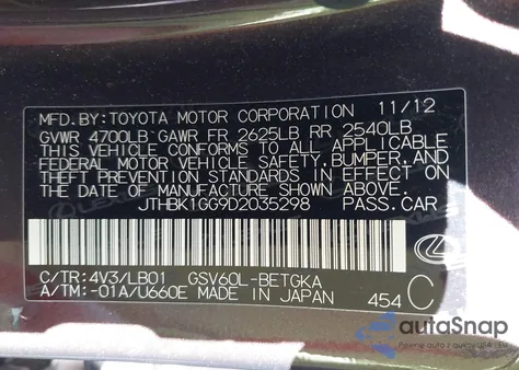 2013 Lexus Es 350 z USA, uszkodzony, nr VIN JTHBK1GG9D2035298